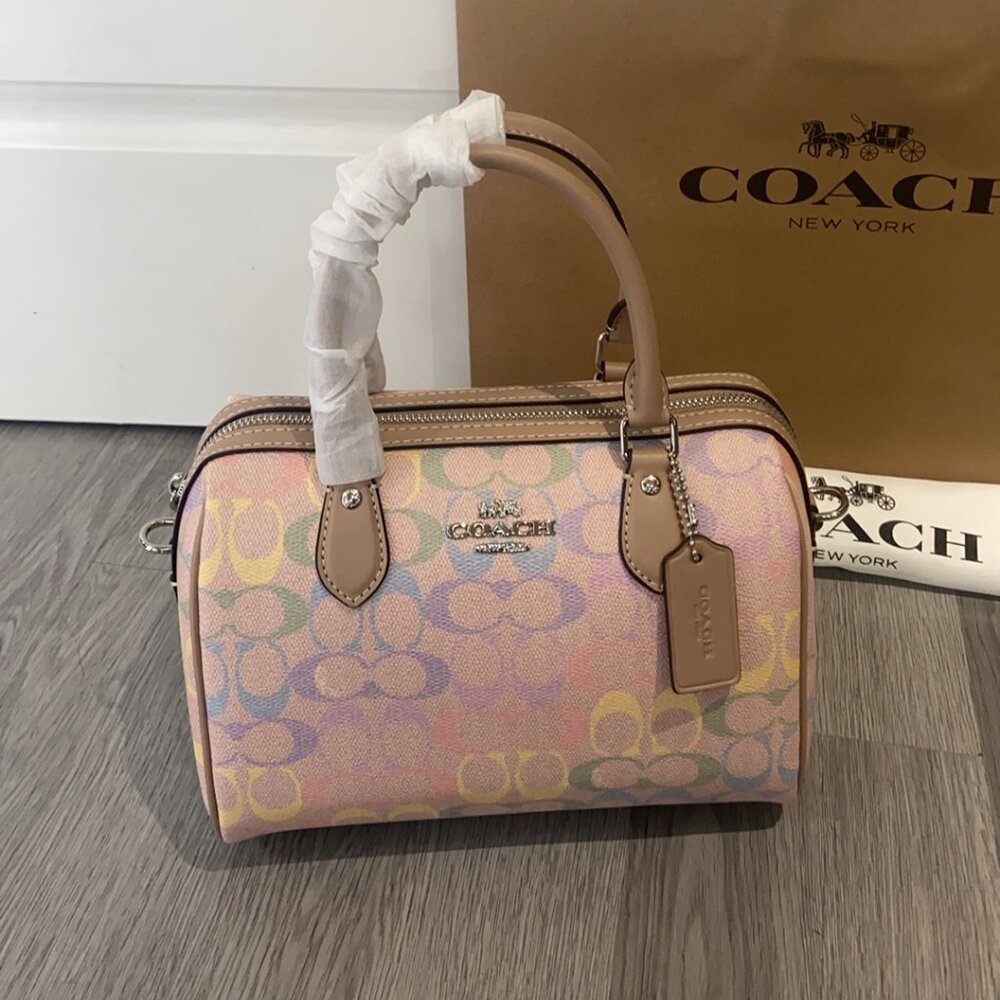 Coach Rowan Satchel Bag Crossbody In Rainbow Sig Canvas/Sv/Sand Multi CDA90 NWT